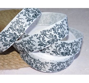 Репсовая лента 25 мм с рисунком "Бабочки серые", цв. белый - 1 м