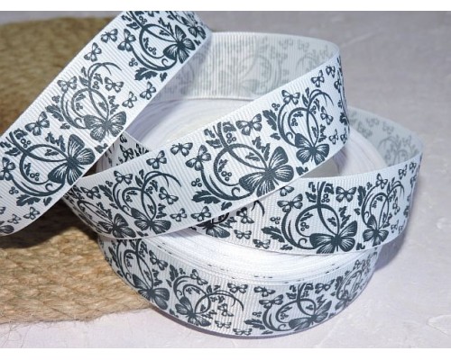 Репсовая лента 25 мм с рисунком "Бабочки серые", цв. белый - 1 м