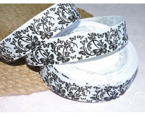 Репсовая лента 25 мм с рисунком "Бабочки черные", цв. белый - 1 м