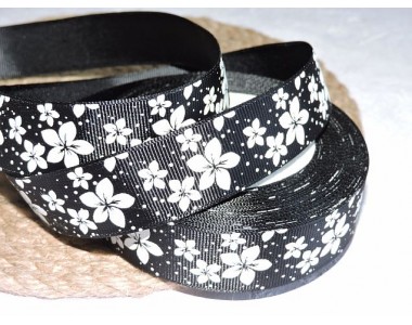 Репсовая лента 25 мм с рисунком "Белые цветочки", цв. черный  - 1 м