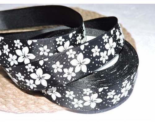 Репсовая лента 25 мм с рисунком "Белые цветочки", цв. черный  - 1 м