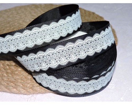 Репсовая лента 25 мм с рисунком "Кружево ", цв. черный - 1 м