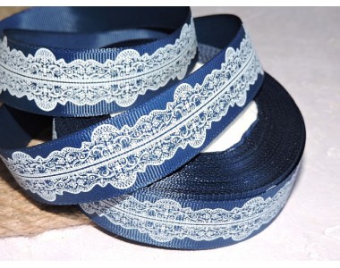 Репсовая лента 25 мм с рисунком "Орнамент ", цв.  темно-синий - 1 м