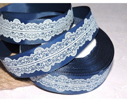 Репсовая лента 25 мм с рисунком "Орнамент ", цв.  темно-синий - 1 м