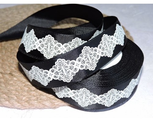 Репсовая лента 25 мм с рисунком "Орнамент ромбы", цв. черный - 1 м