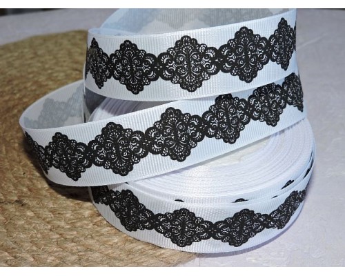 Репсовая лента 25 мм с рисунком "Орнамент ромбы", цв. белый  - 1 м