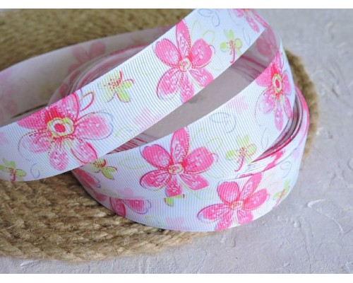 Репсовая лента 25 мм с рисунком "Цветы " - 1 м