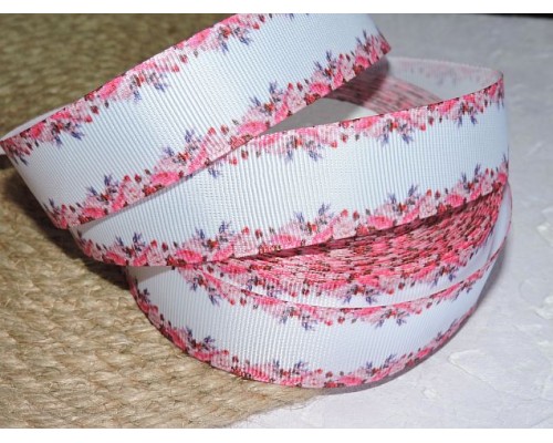Репсовая лента 25 мм с рисунком "Розовая окантовка из цветов " - 1 м