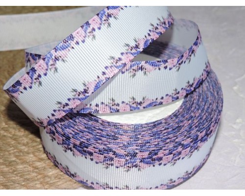 Репсовая лента 25 мм с рисунком "Фиолетовая окантовка из цветов " - 1 м