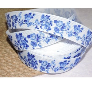 Репсовая лента 25 мм с рисунком "Гжель ", цв. белый - 1 м