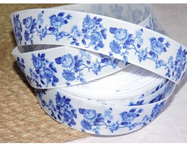 Репсовая лента 25 мм с рисунком "Гжель ", цв. белый - 1 м