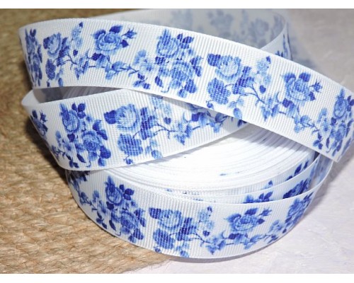Репсовая лента 25 мм с рисунком "Гжель ", цв. белый - 1 м
