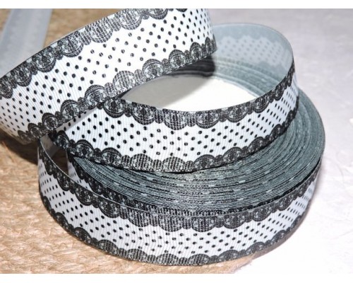 Репсовая лента 25 мм с рисунком "Окантовка кружевом с горошками" - 1 м