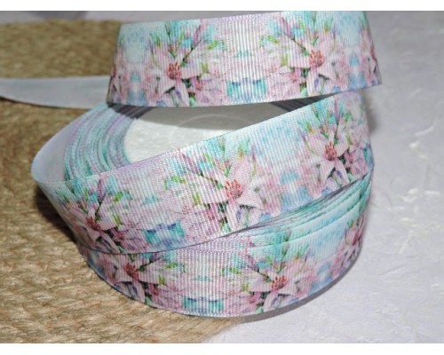 Репсовая лента 25 мм с рисунком "Лилии" - 1 м