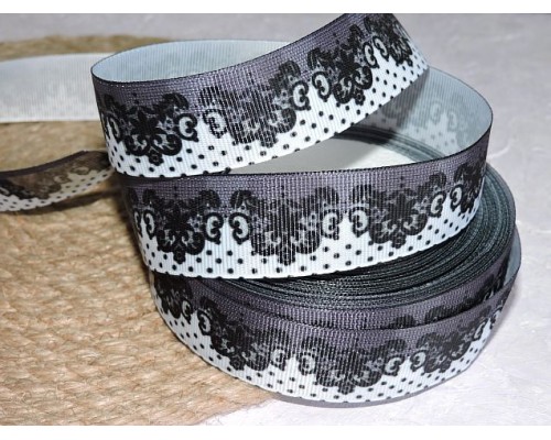 Репсовая лента 25 мм с рисунком "Кружево с горошком" - 1 м