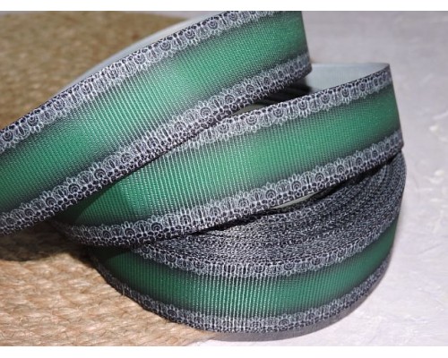 Репсовая лента 25 мм с рисунком "Кружевная окантовка" . цв. черно-зеленый - 1 м