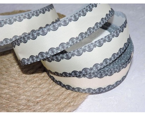 Репсовая лента 25 мм с рисунком "Окантовка кружевом" . цв. бежевый - 1 м