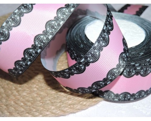 Репсовая лента 40 мм с рисунком "Кружевная окантовка", цв. розовый   - 1 м