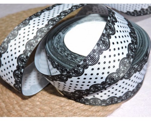 Репсовая лента 40 мм с рисунком "Окантовка из кружева в горошек"  - 1 м