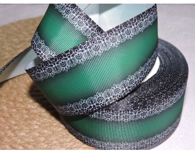 Репсовая лента 40 мм с рисунком "Окантовка черным кружевом", цв. зеленый  - 1 м