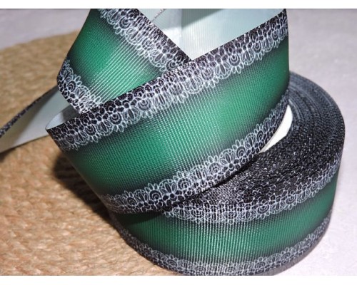 Репсовая лента 40 мм с рисунком "Окантовка черным кружевом", цв. зеленый  - 1 м