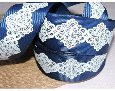 Репсовая лента 40 мм с рисунком "Орнамент" . цв. темно-синий - 1 м