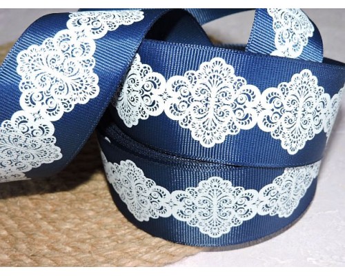 Репсовая лента 40 мм с рисунком "Орнамент" . цв. темно-синий - 1 м