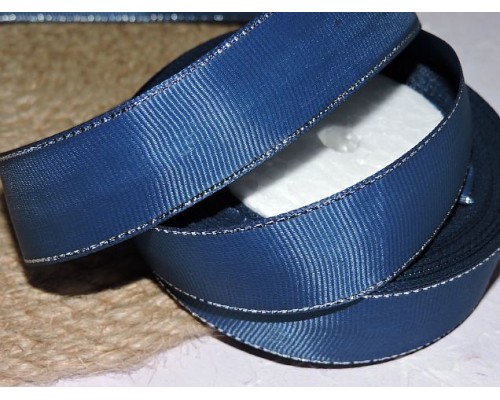 Репсовая лента 25 мм с обрекались серебро, цв. темно-синий 38 - 1м