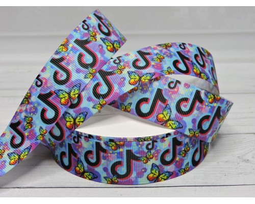 Лента репсовая 25 мм с рисунком "TikTok" - 1 м.