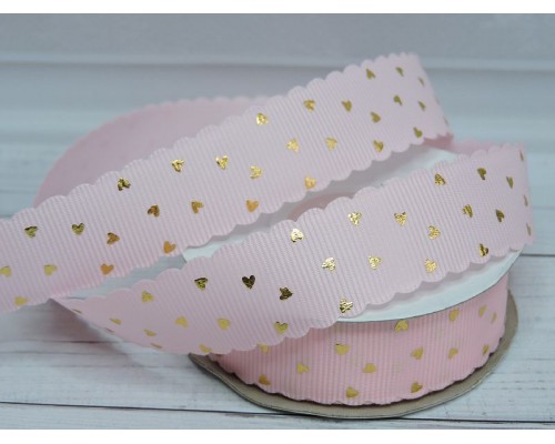 Лента репсовая с фигурным краем 22 мм "Сердечки", цв. розовый - 1 м.