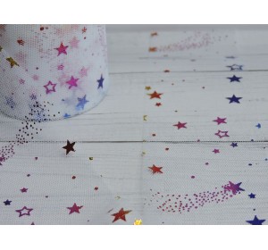 Фатин "Звездочки" 5,5 см, цв. белый/радужный - 1 м.