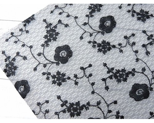Пленка ПВХ с вышивкой "Цветочки", цв. черный - 1 лист