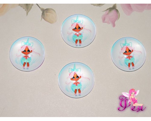 Кабошон стеклянный с рисунком 25 мм "Хэрдораблс " ЕДИНОРОЖИК - 1шт.