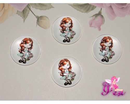 Кабошон стеклянный с рисунком 25 мм "Девочка с корзиночкой" - 1шт