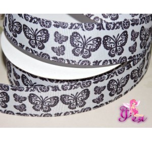 Репсовая лента 25 мм с рисунком " Бабочки"черно/белый - 1м