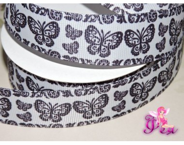 Репсовая лента 25 мм с рисунком " Бабочки"черно/белый - 1м