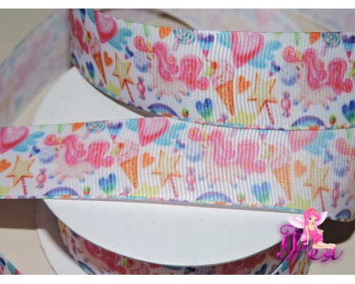 Репсовая лента 25 мм с рисунком "Единорог 2" - 1м