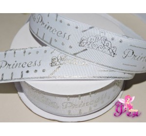 Репсовая лента 25 мм с рисунком "Princess", белый/серебро  - 1м