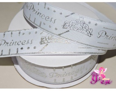 Репсовая лента 25 мм с рисунком "Princess", белый/серебро  - 1м