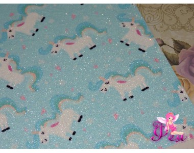 Кожзам с блестками "Единороги", голубой