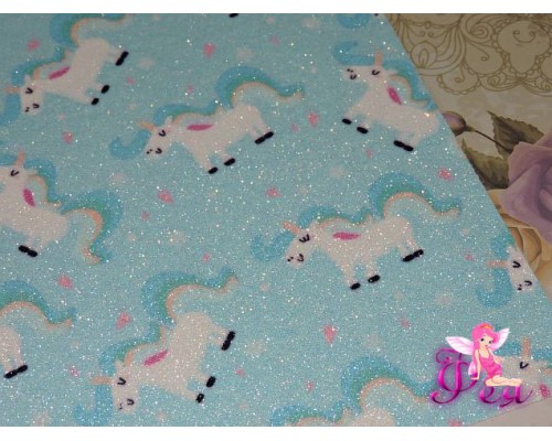 Кожзам с блестками "Единороги", голубой