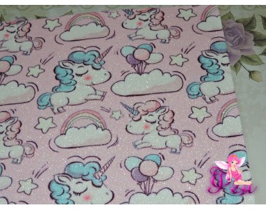 Кожзам с блестками "Единороги", розовый