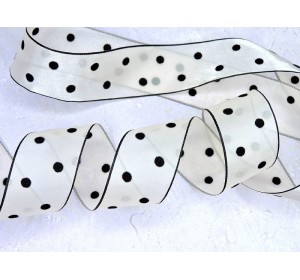 Лента 38 мм органза с черными бархатными горошками и окантовка, цв. айвори - 1 м.