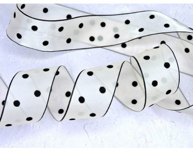 Лента 38 мм органза с черными бархатными горошками и окантовка, цв. айвори - 1 м.