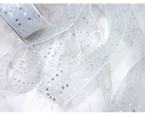 Лента декоративная 40 мм с пайетками, цв. белый - 1 м.