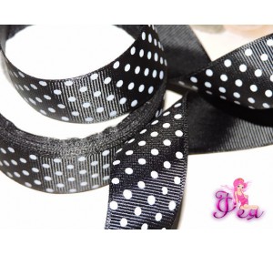 Репсовая лента 25 мм черного цвета с рисунком " Белый горох среднего размера" - 1м