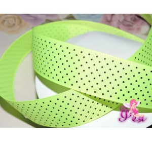 Репсовая лента 25 мм ярко-салатового цвета с рисунком "Мелкий черный горох" - 1м