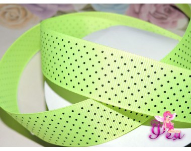 Репсовая лента 25 мм ярко-салатового цвета с рисунком "Мелкий черный горох" - 1м В5/6/19 25 мм
