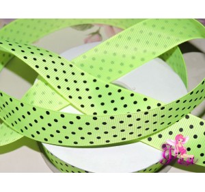 Репсовая лента 25 мм ярко-салатового цвета с рисунком "Мелкий черный горох" - 1м