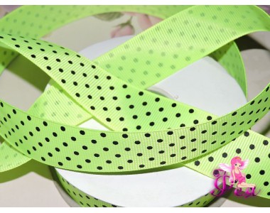 Репсовая лента 25 мм ярко-салатового цвета с рисунком "Мелкий черный горох" - 1м В5/7/11 25 мм